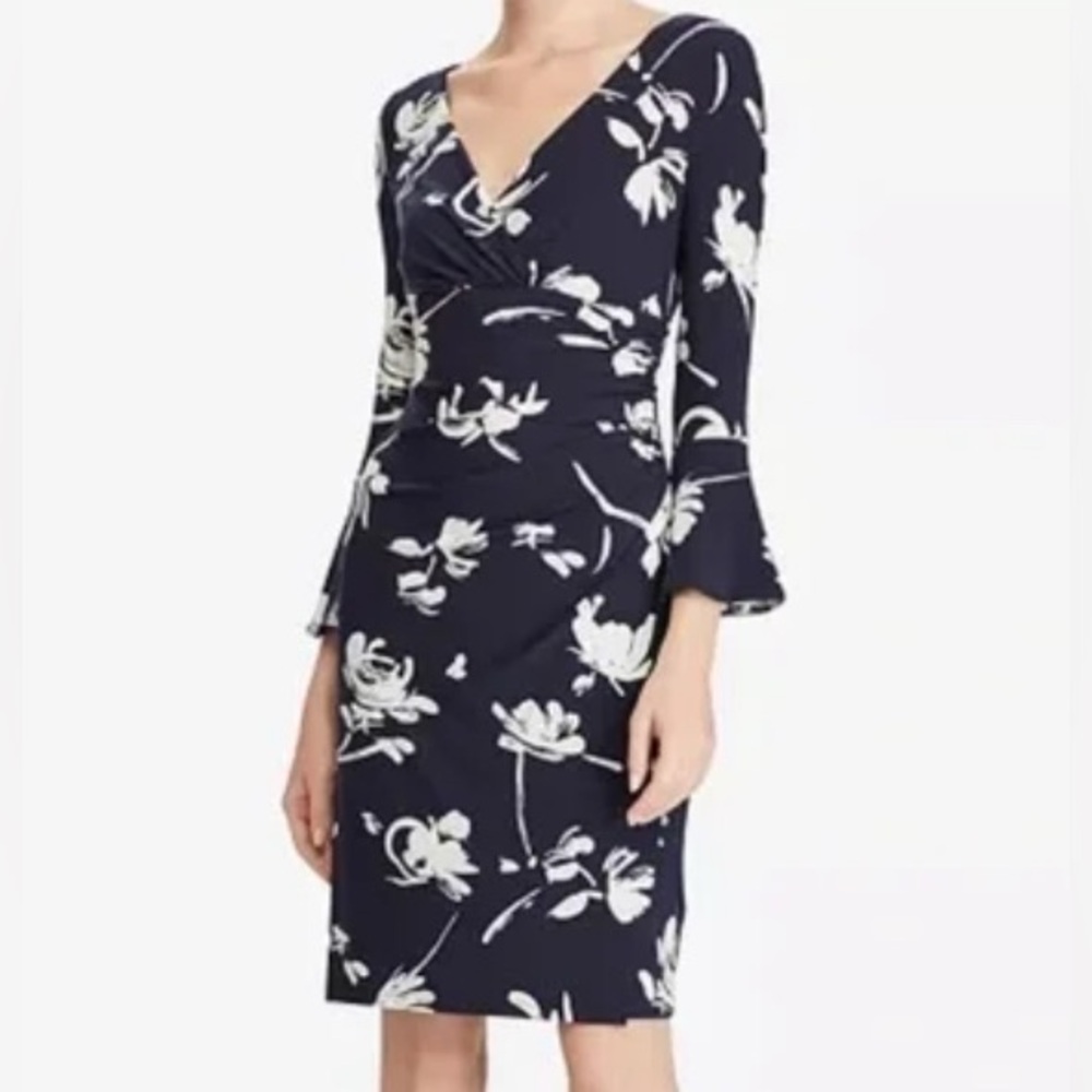 Ralph Lauren Floral Wrap Dress Size 10 Navy/Gray Classic Bell Sleeve Feminine